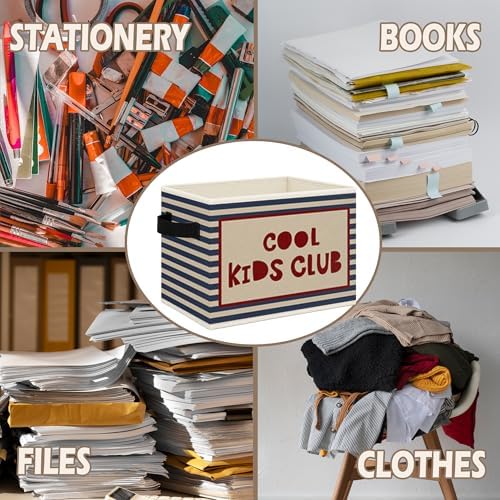 Kids Foldable Storage Bins Box with Handles, Cool Kids Club Blue Striped Collapsible Toys Books Clothes Organizer Basket for Boy Girl Nursery Playroom Room Bedroom Bathroom Playroom