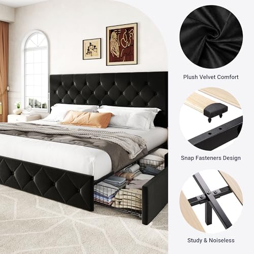 Allewie King Size Storage Bed Frame with 4 Underbed Drawers, Soft Black