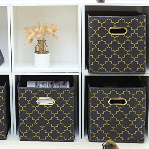 Fabric storage bins Cubes, Fabric Cube Organizer with Handle, Foldable Cube Bins for Cloth or Accessary Storage, 11x11x11, Set of 3, (Grey Gold)