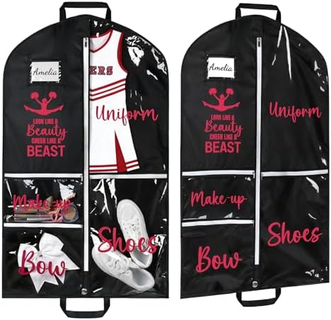 DEEKA 3 Pack Cheer Garment Bag for Hanging Clothes with Zipper Pockets Cheer Accessories Mom Essentials Uniform Costume 40 Inch Black Bags Stuff for Cheerleading Girls (Black,Red-Cheer Quote)