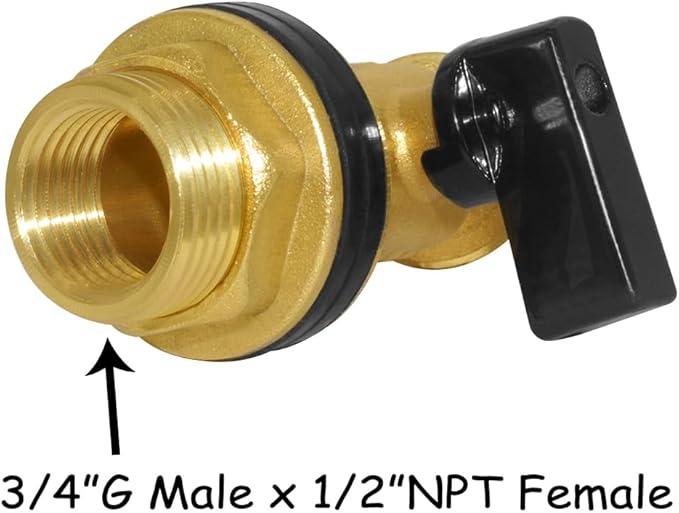 Uenede Brass Water Container Rain Barrel Faucets Spigot 3/4" G Male Thread Large Inlet to 3/4" GHT Male Thread Outlet with Quarter Turn Ball Valve Include Bulkhead Fitting and Washers