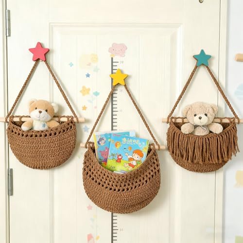 Halidali 3 Tier Hanging Fruit Baskets for Kitchen, Boho Cotton Rope Handwoven Vegetable Hammock Produce Storage Wall Mounted Large Organizing Basket for Farmhouse Decor, Onion, Potato (Caramel)