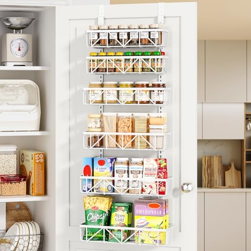 Delamu Adjustable Over the Door Pantry Organizer, 6-Tier Metal Pantry Organization and Storage for Kitchen, Hanging Spice Rack Seasoning Shelves, Cabinet Door Organizer for Easy Install, 16"