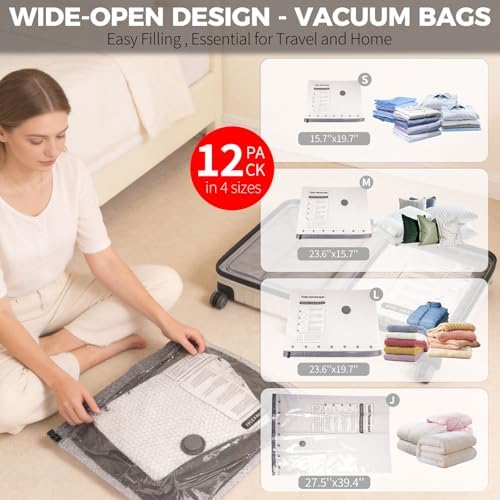 12 Pack Vacuum Storage Bags with Rechargeable Pump, 4 Sizes