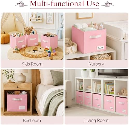 Storage Cubes 10 Pack, 11 Inch Fabric Storage Bins Organizer with Labels, Odor-Free & Sturdy PP Structure, Collapsible Cubby Baskets for Closet, Shelves, Toys & Nursery (Pink)