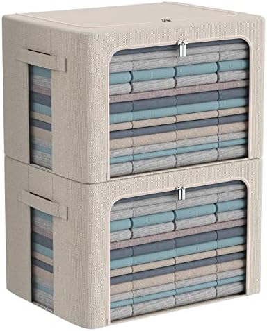 CYhom Extra Large Clothes Storage Bins - Linen Fabric Foldable Stackable Container Organizer Set with Clear Window & Carry Handles & Metal Frame - 2Pack Large Capacity for Bedding, Blankets, Books