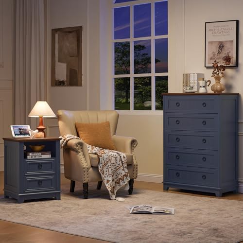 Joaxswe Farmhouse 5 Drawer Dresser for Bedroom Set of 2, 42" Tall Small Dressers & Chest of Drawers, Rustic Wood Dresser with Metal Handle, Storage Organizer Closet for Living Room, Hallway,Entryway | Chest of Drawers, Rustic Wood Dresser with Metal Ha...