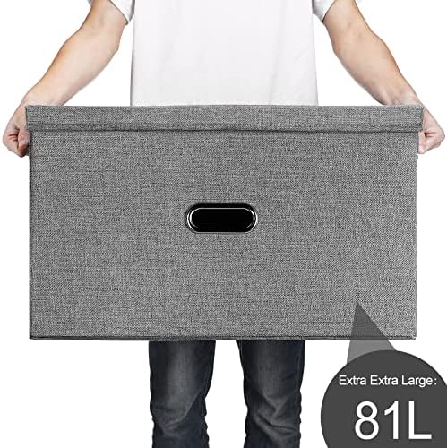 Large Linen Fabric Foldable Storage Bins with Removable Lid and Handles, Washable Storage Box Organizer Containers Baskets Cube with Cover for Bedroom,Office(Red, XXL)