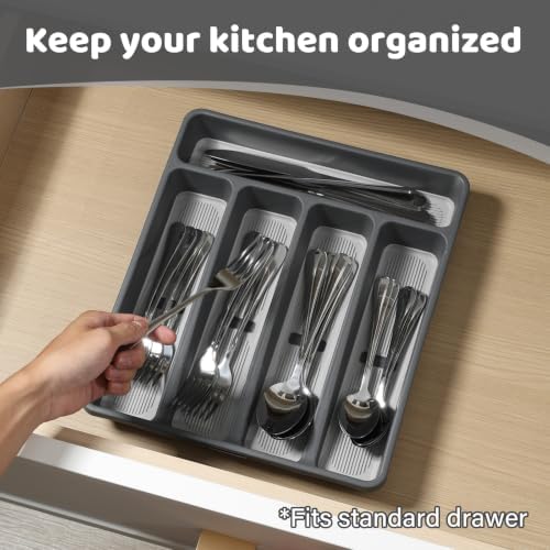 5-Compartment Silverware Organizer Tray with Icons for Kitchen Drawer