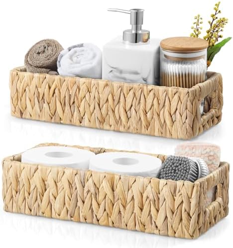 dreamkey Toilet Basket Tank Topper, Set of 2 Water Hyacinth Wicker Bathroom Storage Baskets, Back of Toilet Organizer for Toilet Paper, Towels, Toiletries, Hand Woven Nesting Baskets with Handles