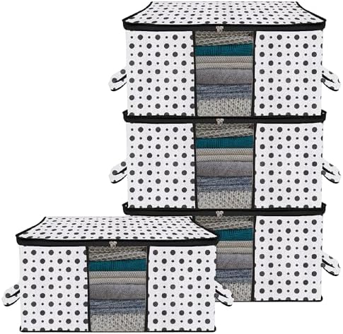 Kuber Industries Underbed Storage Bag | Dot-Design Blanket Cover with Clear Window | Zipper Closure & Handle Cloth Organizer | Large | Pack of 4 | Black