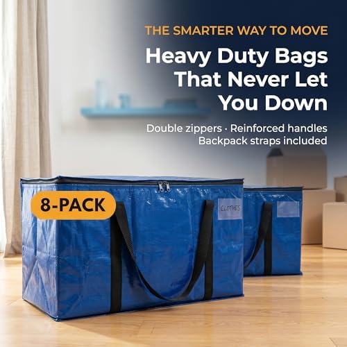 ClearSpace Heavy Duty Moving Bags or Storage Bins with Lids, Blue, 8 Pack