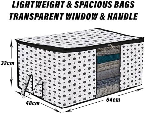 Kuber Industries Underbed Storage Bag | Dot-Design Blanket Cover with Clear Window | Zipper Closure & Handle Cloth Organizer | Large | Pack of 4 | Black
