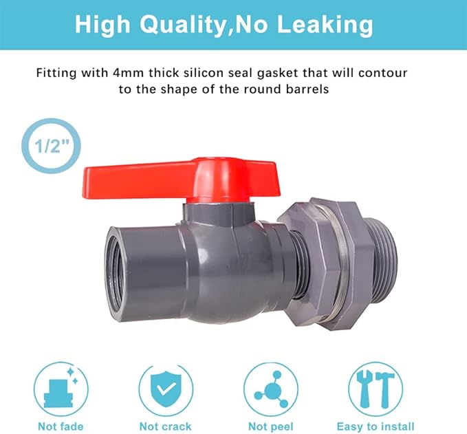 Ququyi 1/2 Inch PVC Rain Barrel Valve Spigot Kit with Ball Valve and Bulkhead Fitting Adapter for Water Tanks, Aquariums, Pools