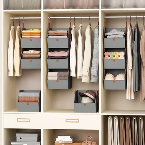 Homsorout Collapsible Hanging Closet Organizer - 6 Tier Closet Shelves Storage System with Hooks, Fabric Hanging Storage Bins for Clothes, Foldable Storage Basket for Laundry, Bedroom, Rv, Grey