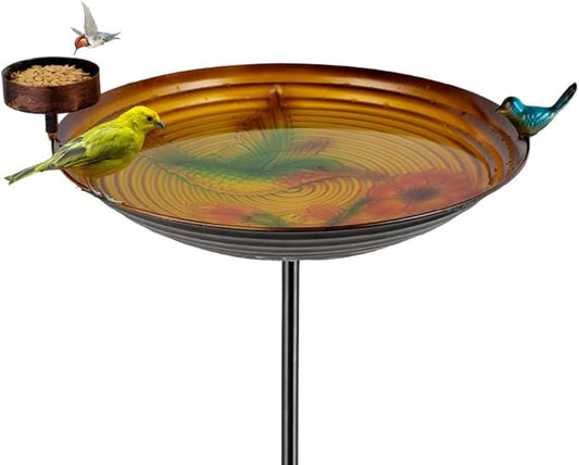 Metal Bird Baths for Outdoors, 39" H Birdbath with 13 Inch Bowl, Hummingbird Bird Bath & Bird Feeder with Stake for Outside Garden Patio Yard Lawn Decor，Yellow