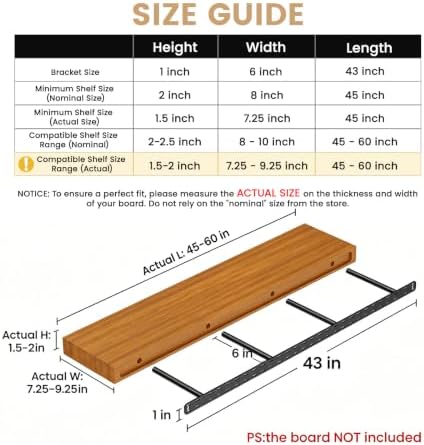 2pcs Floating Shelf Bracket Heavy Duty,Decorative Floating Shelf Hardware Hidden Black Metal Fireplace Mantel Brackets Without Jig (43"X6"X1.0" Without Tools)