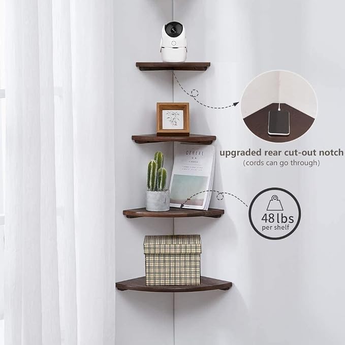 Corner Shelf, Solid Oak Wood Floating Corner Shelf Wall Mount Round End Floating Speaker with Wire Hole for Small Plant Photo for Bedroom Kitchen, Living Room