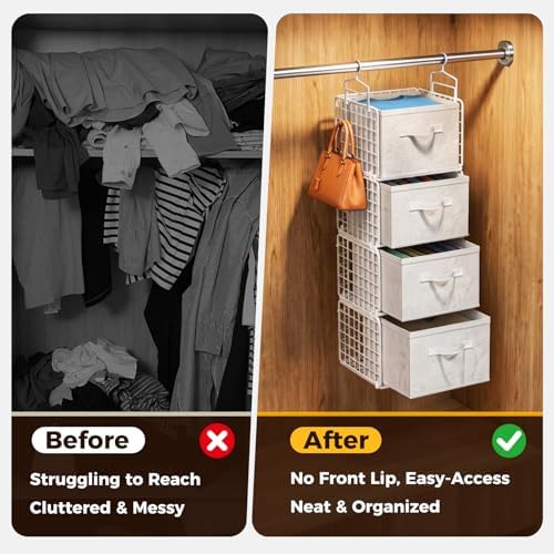 4 Tier Hanging Closet Organizer with 4 Drawers, White | Metal Hanging Shelves with 4 Hanging Hooks for Wardrobe Laundry Garage, No Sagging, Modular Design, Space Saving