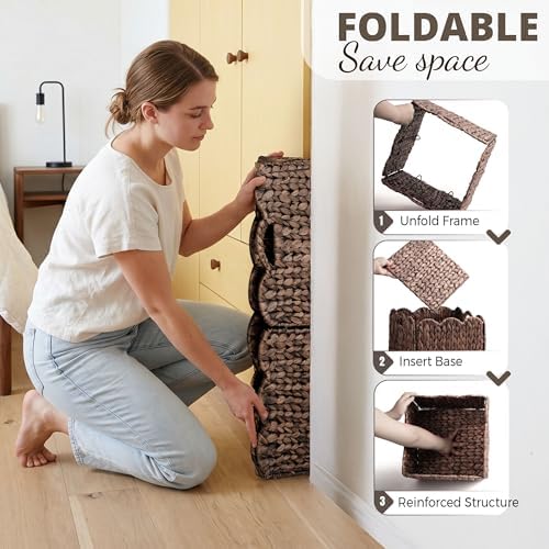 Set of 4 Foldable Scalloped Wicker Storage Cubes Basket, Storage Cube Bins -12"x12"x12", Collapsible Cube Organizers, Water Hyacinth Woven Bins for Bathroom, Bedroom, Shelves,...(Espresso Color)