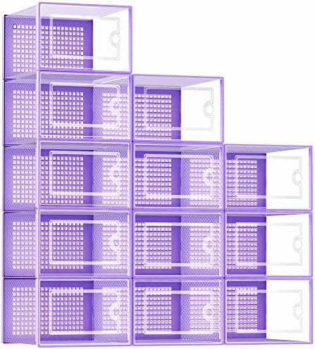 Kuject Large Shoe Organizers Storage Boxes for Closet, 12 Pack Clear Plastic Stackable Storage Bins with Lids, Under Bed Shoe Containers for Entryway, Drop Front, Fit up to Women's Size 10,Purple