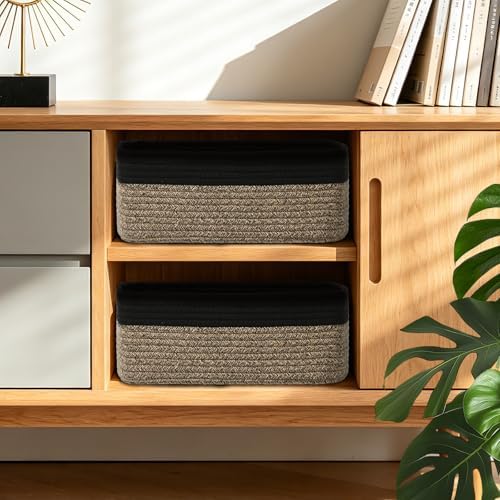 Shallow Storage Baskets for Shelves, 15x11x5.1 Inch Woven Baskets for organizing, 2 Pack Storage Bins for Nursery, Bathroom, Closet, Decorative, Black Brown