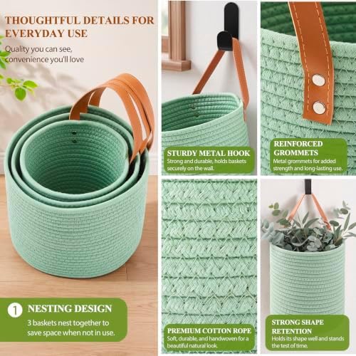 Honeydak 3 Hanging Baskets, Sage Green, Cylinder, Cotton Rope | Wicker Wall Baskets with Hooks for Fruit Vegetable Onion Storage, Teardrop Organizer for Kitchen, Boho Farmhouse Decor