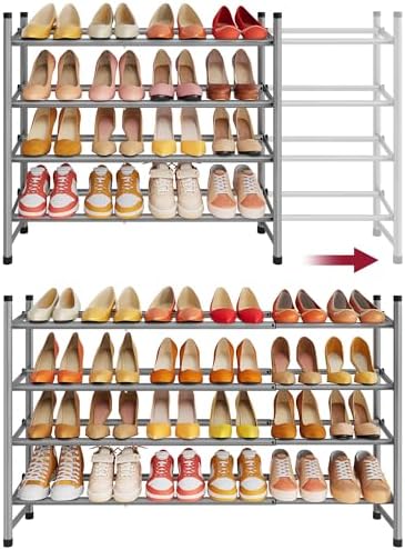 Tajsoon Expandable Shoe Rack for Closet 4 Tier, 28“-41“Stackable, Grey