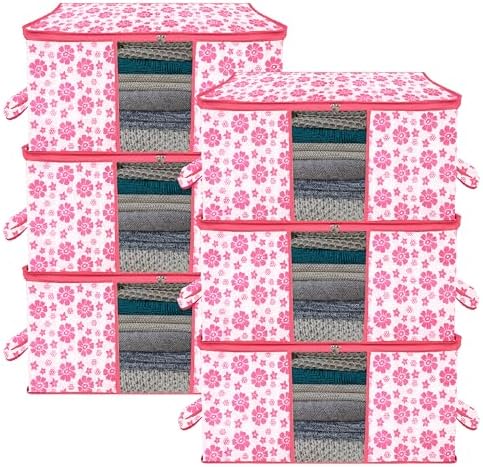 Kuber Industries Underbed Storage Bag | Clothes Storage Organizer | Blanket Cover with Clear Window | Zipper Closure & Handle Cloth Organizer | Flower-Design | Large | Pack of 6 | Pink
