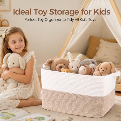 OIAHOMY Woven Storage Basket, Large Baskets for Organizing Brown & White