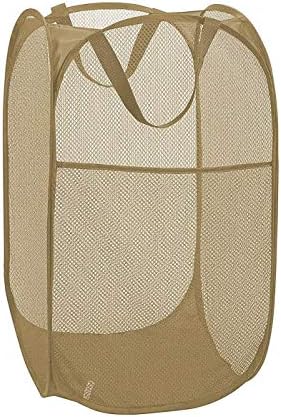 Larpur Popup Mesh Laundry Basket, Collapsible and Portable Clothes Washing Laundry Hamper with Reinforced Carry Handle (Beige)