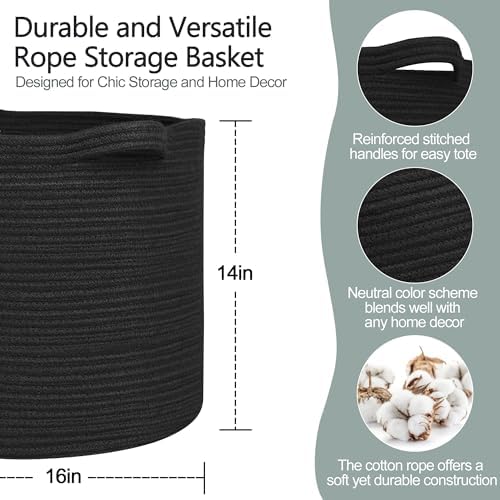 MEGASKET Large Black Storage Basket, 16" x 14" Cotton Rope Baskets for Storage, Blanket Storage Living Room, Big Woven Laundry Basket, Dog Kids Toy Box Organizer, Round Floor Shoe Towel Bin
