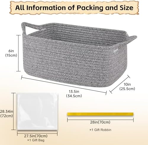 OIAHOMY Woven Basket, Gift Basket Empty with Gift Bags and Ribbons, Rope Baskets for Baby Showers, Storage Baskets with Handles for Nursery, Pet Toy Organizer - Grey