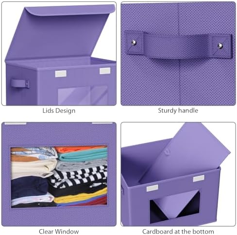 Univivi Fabric Foldable Storage Bins with Lids, 4 Pack, Purple