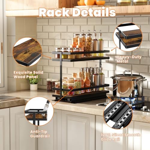 Pull Out Spice Rack 2Pcs Metal & Wood Seasoning Organizer Black | No-Drill Install | Full-Extension Silent Glide | Each Tier Holds 10–12 Standard Spice Bottles | Rustproof, Wipe-Clean Surface