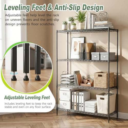 BestOffice 4-Tier Wire Shelving Unit, 1000 LBS Heavy Duty Metal Storage Shelves, Adjustable Wire Shelf for Garage, Kitchen, Pantry, Utility Shelving Rack with Leveling Feet, Black