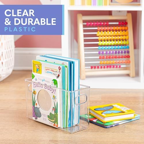 Plastic Food Storage 4 Pack Clear Container Bin with Handles for Organizing Kitchen, Pantry, Refrigerator, Freezer, Pantry, Cabinet, Closet, Bathroom. 10”x4”x6”