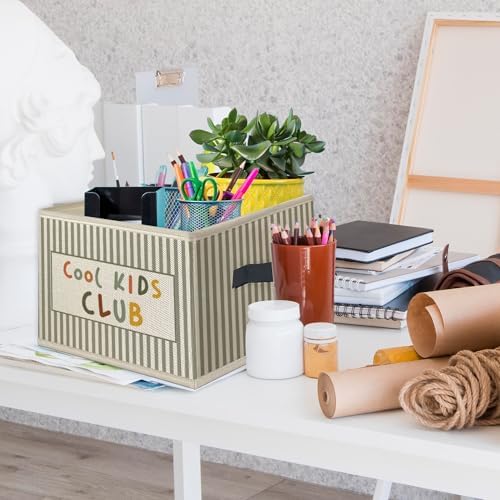 Boho Nursery Playroom Foldable Storage Bins Box with Handles, Cool Kids Club Striped Collapsible Toys Books Clothes Organizer Basket for Kids Nursery Room Playroom Bedroom Bathroom