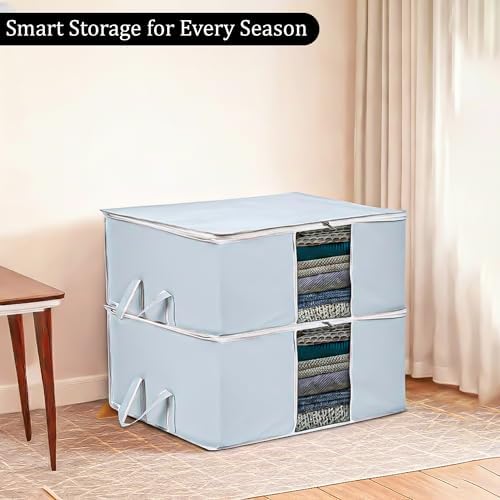 Kuber Industries Underbed Storage Bag | Clothes Storage Organizer | Blanket Cover with Clear Window | Zipper Closure & Handle Cloth Organizer | Plain White Border | Large | Pack of 4 | Gray