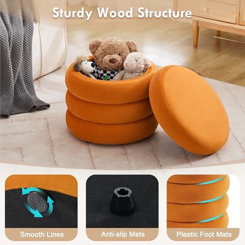 Round Velvet Storage Ottoman, Orange