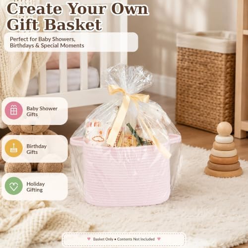 XUANGUO Woven Cotton Rope Storage Basket with Handles 13x10x9 inch Pink