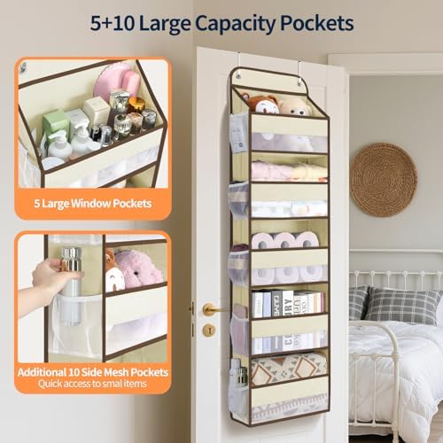 Yecaye Over The Door Organizer Storage, 5-Tier Heavy Duty Door Organizers Hanging with 10 Side Mesh Pockets, 44 lbs Load Capacity Behind Door Storage for Bathroom Nursery Bedroom Dorm Closet,Beige,1Pc