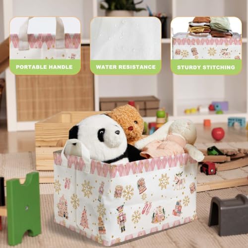 Pink Christmas Nutcracker Storage Baskets, Empty Christmas Gift Baskets, Pastel Nutcracker Home Decorations, Large Square Waterproof Laundry Hamper Coating, Foldable Toy & Clothes Bins for Bedroom