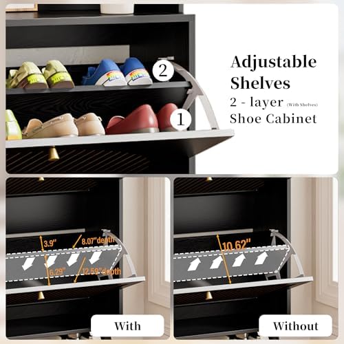 81.8'' Tall Shoe Cabinet with Coat Rack, Narrow Shoe Storage Cabinet with 3 Flip Drawers, 2-in-1 Hall Tree Slim Freestanding Shoe Rack Organizer for Entryway (Black, 3 Drawers- 81.88''H)
