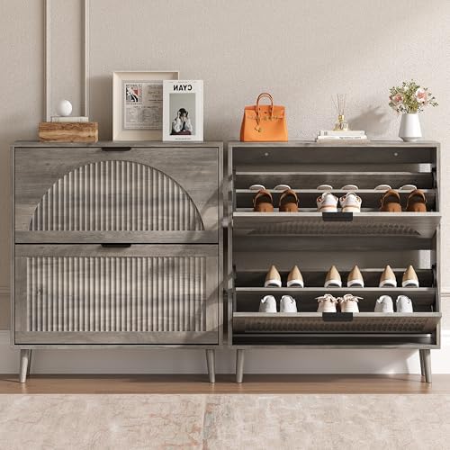 BORNOON Shoe Cabinet for Entryway with 2 Flip Drawers, Slim Wooden Shoe Storage Organizer with Modern Fluted Pannel，Freestanding Narrow Hidden Shoe Rack for Hallway, Foyer, Living Room