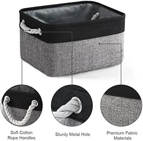 TheWarmHome Storage Basket for Organizing - 14x10x7 inch Medium 3 Pack Collapsible Storage Bin for Shelves with Rope, Fabric Storage Cubes for Organizer Cloth Gift Toy Closet (Black & Grey)