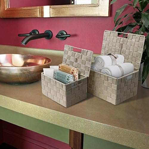 Sorbus Storage Basket with Lid, 3-Piece Woven Set for Shelves (Beige)