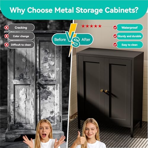 Small Metal Storage Cabinet,11.8" D x 23.6" Wx31.5 H,Bathroom Cabinet with Adjustable Shelves,Shaker Cabinet for Kitchen Living Room Entryway Dining Room, 3-Tier,Black