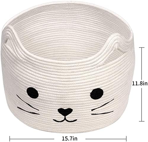 Large Woven Rope Cat Toy Basket with Cat Face Design, White