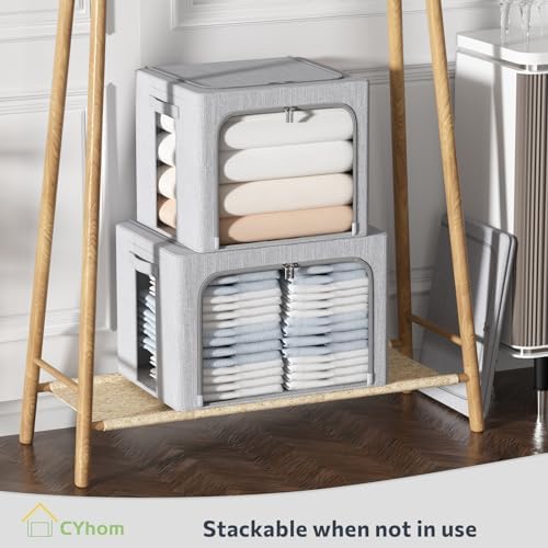 CYhom 2Pack Extra Large Clothes Storage Bins Box - Linen Fabric Foldable Stackable Container Organizer Set with Clear Window & Carry Handles & Metal Frame (Light Grey, Extra Large-100L)